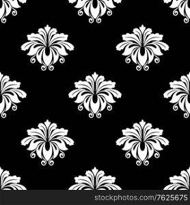 White colored elegant Paisley seamless floral repeat motif pattern in persian style. isolated over black colored background in square format for wallpaper, tiles and fabric design