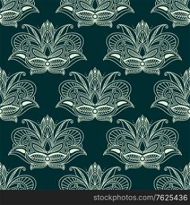 White colored floral seamless pattern background with arabesque elements in damask style for wallpaper, tiles and fabric design in square format isolated over green color background