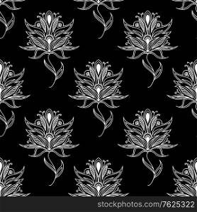 White colored Paisley seamless floral pattern in Persian style for wallpaper, tiles and fabric design isolated over black background in square format. Paisley seamless floral pattern