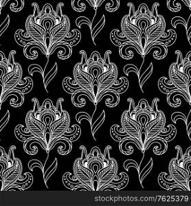 White colored Paisley seamless floral pattern in Persian style for wallpaper, tiles and fabric design isolated over black colored background in square format