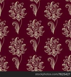 White colored Paisley seamless floral pattern in Persian style for wallpaper, tiles and fabric design isolated over maroon color background in square format