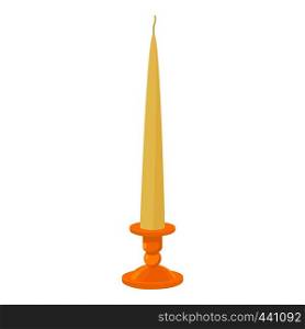 White conical candle in the golden candlestick icon. Cartoon illustration of white conical candle in the golden candlestick vector icon for web. White conical candle in candlestick icon