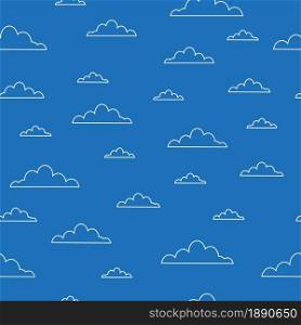 White contour clouds in the blue sky seamless pattern. Vector illustration.