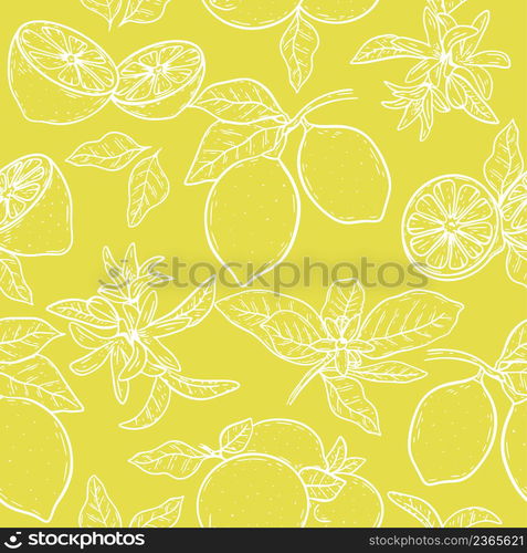 White contour lemons on bright yellow base seamless pattern. Model with citrus. Fruit background for fabric, paper, packaging and design vector illustration. White contour lemons on bright yellow base seamless pattern