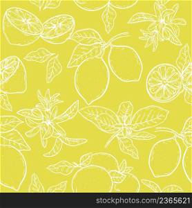 White contour lemons on bright yellow base seamless pattern. Model with citrus. Fruit background for fabric, paper, packaging and design vector illustration. White contour lemons on bright yellow base seamless pattern