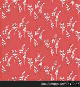 White contour wild meadow flowers and branch seamless pattern on a pink background. Vector wallpaper