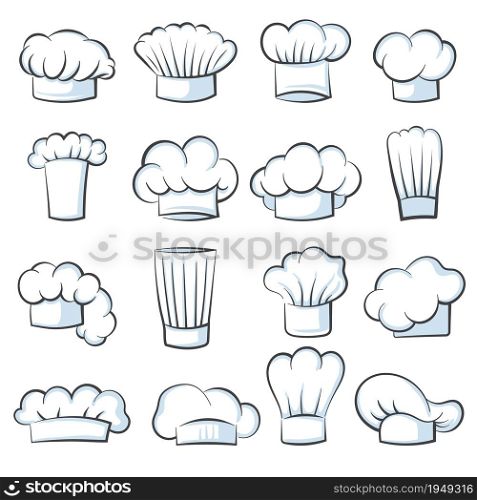 White cook hat. Chef cap drawing clothes cooking symbols vector illustration set isolated. Chef cap fabric wear, white logo cap for kitchen job. White cook hat. Chef cap drawing clothes cooking symbols vector illustration set isolated