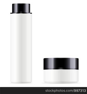 White cosmetic bottle for facial toner, hair shampoo or shower gel and round white plastic jar with black lid for cosmetics - body cream, butter, salt, powder. Vector template. Cosmetics packaging.. White cosmetic bottle facial toner, hair shampoo