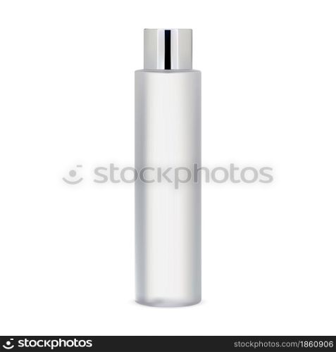 White cosmetic bottle mockup. Cylinder shampoo package isolated product. Glass bottle for skin toner on white background. Tubular gel or cream packaging with silver lid, round blank. White cosmetic bottle mockup. Cylinder shampoo