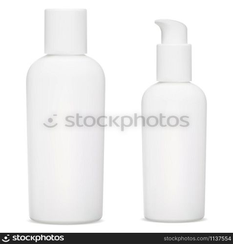 White cosmetic bottle mockup. Plastic shampoo package. Isolated vector blank. Realistic dispenser pump container design for liquid gel, soap, milk. 3d jar template. Clear makeup pack. White cosmetic bottle mockup. White vector blank