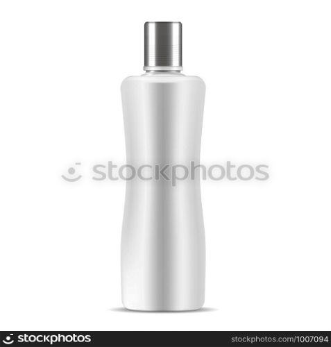 White cosmetic bottle mockup. Realistic vector 3d illustration of cosmetics package for shampoo. shower gel,soap with silver lid. Clear blank template for your design.. White cosmetic bottle mockup. Realistic vector 3d