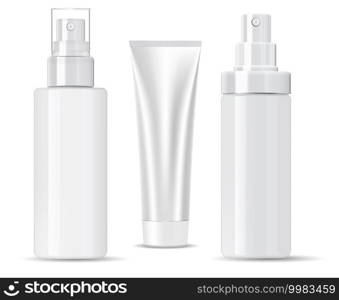 White cosmetic bottle. Sh&oo, spray product. S&le bath container mockup. Empty package with pump dispenser for sunscreen care. Milk foam brand, medical health bottle mock up. White cosmetic bottle. Sh&oo, spray product tube