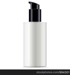 White cosmetic bottle with black pump dispenser lid for moisturizer and facial liquid products. Vector design template. Cosmetics packaging mockup. Realistic 3d illustration.. White cosmetic bottle with black pump dispenser