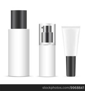 White cosmetic bottles mockup. Vector package blank, plastic spray container design. Cream tube template. Pump bottle for liquid moisturizer or clean milk. Spa sh&oo in set. White cosmetic bottles mockup Vector package blank