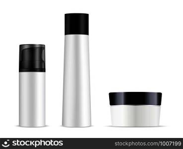 White cosmetic bottles pack with black lids. Cream jar, shampoo bottle, shave cream pump container. 3d realistic vector illustration.. Cosmetic bottle pack with black lid. Jar, shampoo