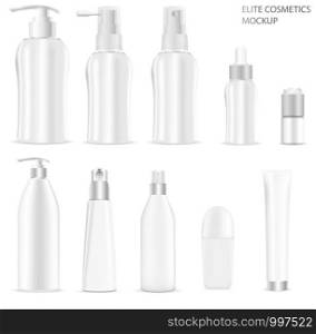 White cosmetic bottles packaging mockup set. Vector illustration of elite cosmetics: bottles with spray, dispenser and dropper, cream tube, deodorant roll. High quality template ready for your design.. White cosmetic bottle packaging mockup set. Vector
