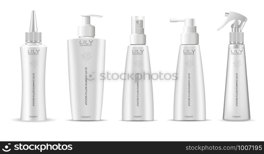 White cosmetic containers pack for next products: cream, moisturizer, shampoo, mask, soap and other liquids. Cosmetic bottles pack with pump and spray dispenser lids. 3d vector illustration.. White cosmetic containers pack for next product