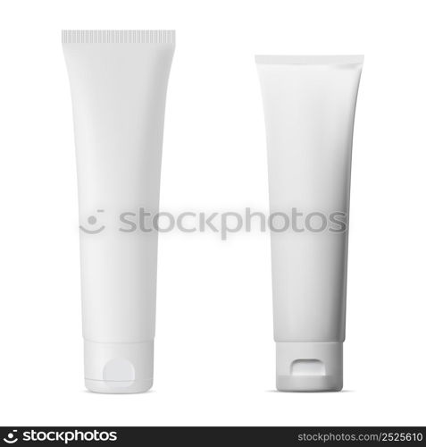 White cosmetic cream tube vector blank. Isolated toothpaste container template. Cosmetic product packaging for gel, scrub, ointment. Tall flexible pack set, 3d design bottle. White cosmetic cream tube vector blank. Toothpaste