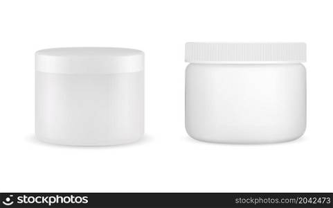 White cosmetic jar. Creamjar mockup, plastic bottle round package glossy template. Skin blush powder jar, lotion or butter scrub. White cosmetic jar. Creamjar mockup, plastic bottle