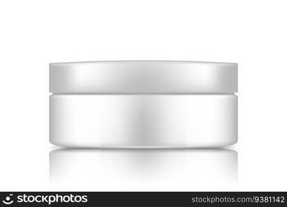 White cosmetic jar with cap mockup isolated from background lotion, cream, mousse, powder. Plastic package design. Blank hygiene, medical, body or face care template. 3d vector illustration. White cosmetic jar with cap mockup isolated from background lotion, cream, mousse, powder