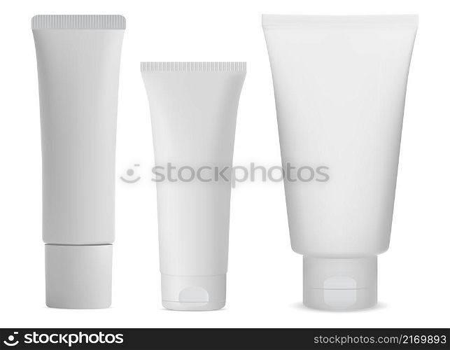 White cosmetic tube pack. Isolated cosmetic cream package, plastic bottle blank. Realistic vector packaging for tooth paste, sauce. Facial care moisturizer tube, tall medical blank illustration. White cosmetic tube pack. Isolated cosmetic cream
