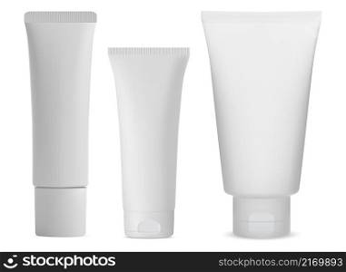 White cosmetic tube pack. Isolated cosmetic cream package, plastic bottle blank. Realistic vector packaging for tooth paste, sauce. Facial care moisturizer tube, tall medical blank illustration. White cosmetic tube pack. Isolated cosmetic cream