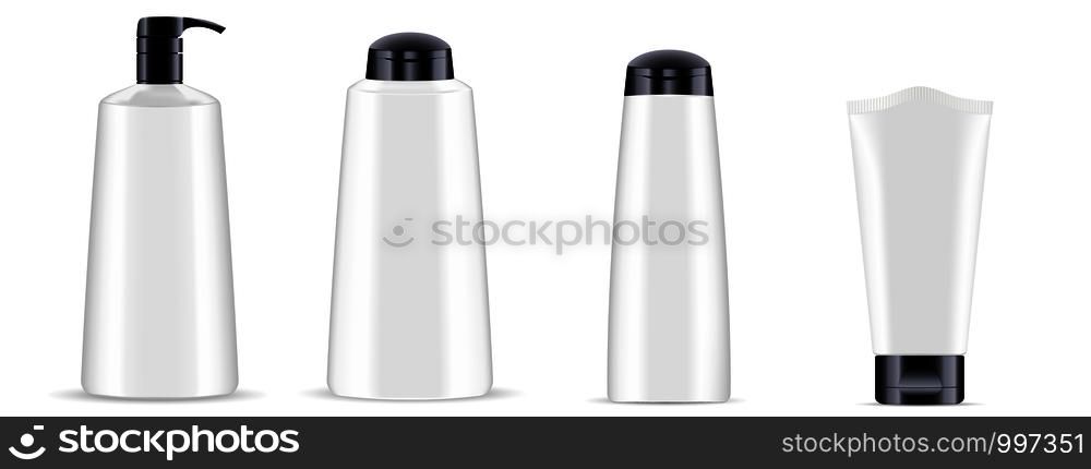 White cosmetics bottle jar set whith black top caps. Realistic 3d mock-up of cosmetics package. Vector illustration of dispenser and dropper, cream jar, shampoo, lotion, soap, toothpaste, ointment.. Cosmetics bottle jar set whith black top caps.