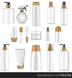 White cosmetics bottle set whith gold top. Realistic 3d mock-up of cosmetics package. Vector illustration of spray, dispenser and dropper, cream jar, shampoo, lotion, soap, toothpaste.. White cosmetics bottle set gold top. Realistic 3d
