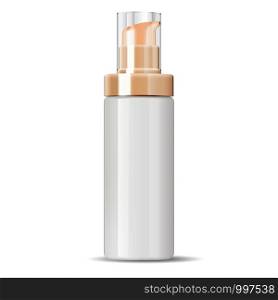 White cosmetics cream dispenser pump bottle container in realistic glossy glass or plastic material. Mockup template for cream, emulsion, and other cosmetics or medical products. Vector illustration.. Cosmetics cream dispenser pump bottle container