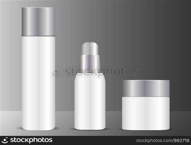 White cosmetics set with silver lids. Bottles for toner, serum and cream jar. Isolated vector illustration. EPS10 format.. Cosmetics set with silver lids. Bottles, jar serum