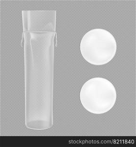 White cotton pads and clear package isolated on transparent background. Vector realistic mockup of plastic pack and cosmetic round napkin for makeup and face cleansing. White cotton pads and clear package