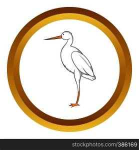 White crane vector icon in golden circle, cartoon style isolated on white background. White crane vector icon