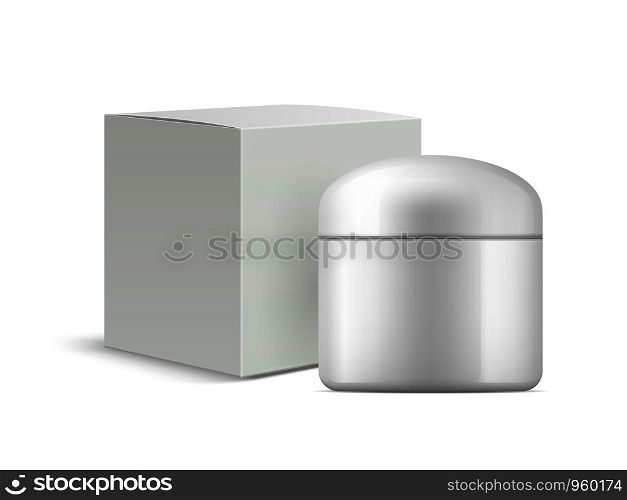 White cream box and cream jar mockup. Blank 3d pack box and pot design for cosmetic products. Vector illustration skin care realistic cream jar on white background. White cream box and cream jar mockup. Blank 3d pack box for cosmetic products. Vector illustration skin care realistic cream jar on white background