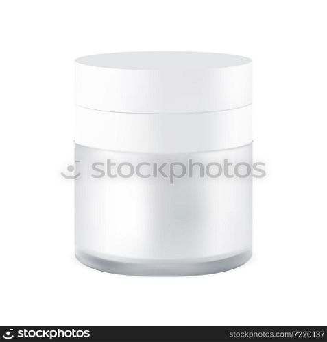 White cream jar. Beauty cosmetic vector bottle isolated mockup. Glass container with white plastic cap blank. Skin blush creme can, luxury scrub package, makeup lotion or butter pack. White cream jar. Beauty cosmetic vector bottle