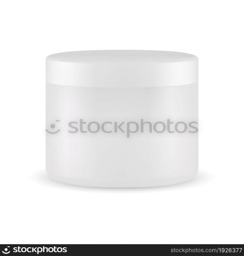 White cream jar blank. Body scrub plastic packaging template. Face powder butter glossy pack. Round cosmetic canister, blush cover for branding identity. Beauty creme container. White cream jar blank. Body scrub plastic packaging