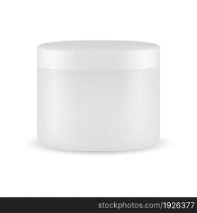 White cream jar blank. Body scrub plastic packaging template. Face powder butter glossy pack. Round cosmetic canister, blush cover for branding identity. Beauty creme container. White cream jar blank. Body scrub plastic packaging