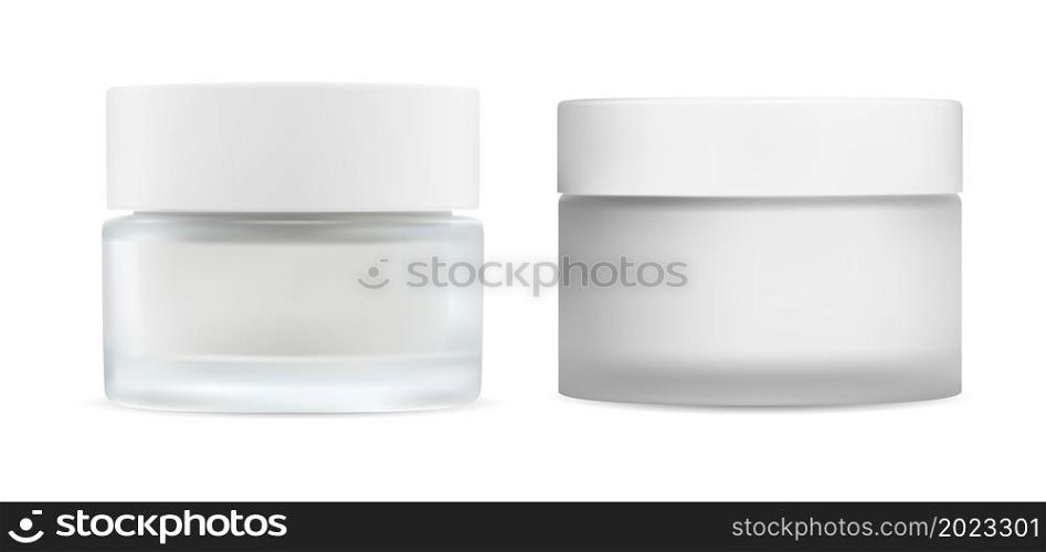 White cream jar. Cosmetic cream glass package mockup. Skin blush care makeup powder product pack, round sample design. Beauty creme container, butter or scrub isolated blank. White cream jar. Cosmetic cream glass package mockup