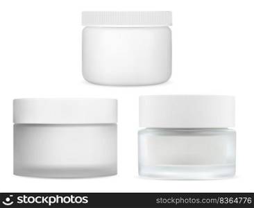 White cream jar mockup set, plastic cap. Round skin butter glass container, vector template. Face skin care cosmetic bottle, isolated creme pot or blush powder packaging brand design. White cream jar mockup, plastic cap. Skin butter container