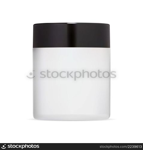 White cream jar mockup. White plastic cosmetic bottle with black cap. Round can for blush powder, shiny template. Skin scrub can, premium hand product illustration. Makeup cosmetic illustration. White cream jar mockup. White plastic cosmetic bottle
