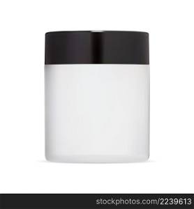 White cream jar mockup. White plastic cosmetic bottle with black cap. Round can for blush powder, shiny template. Skin scrub can, premium hand product illustration. Makeup cosmetic illustration. White cream jar mockup. White plastic cosmetic bottle