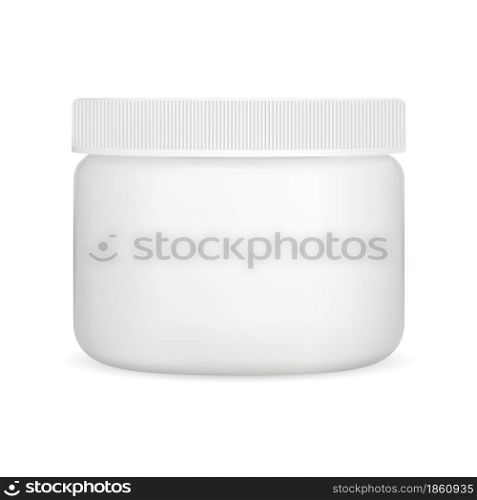 White cream jar, plastic cosmetic container, vector blank. Simple round package template mock up. Face powder bottle, skin care product on white background. Scrub or gel can. White cream jar, plastic cosmetic container vector