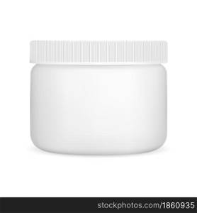 White cream jar, plastic cosmetic container, vector blank. Simple round package template mock up. Face powder bottle, skin care product on white background. Scrub or gel can. White cream jar, plastic cosmetic container vector