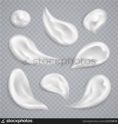 White cream smears collection isolated on transparent background. Realistic cosmetic beauty skincare product s&les set. Moisturizing lotion, sunscreen strokes. Vector illustration.. White cream smears collection isolated on transparent background. Moisturizing lotion, sunscreen strokes.