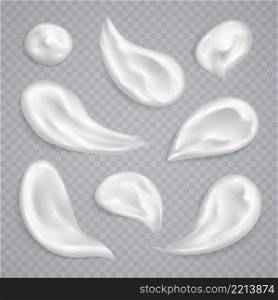 White cream smears collection isolated on transparent background. Realistic cosmetic beauty skincare product s&les set. Moisturizing lotion, sunscreen strokes. Vector illustration.. White cream smears collection isolated on transparent background. Moisturizing lotion, sunscreen strokes.