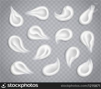 White cream smears collection isolated on transparent background. Realistic cosmetic beauty skincare product samples set. Moisturizing lotion, sunscreen strokes. Vector illustration.. White cream smears collection isolated on transparent background. Moisturizing lotion, sunscreen strokes.