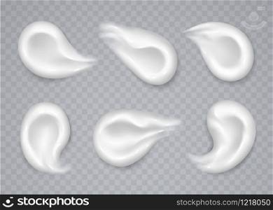 White cream smears collection isolated on transparent background. Realistic cosmetic beauty skincare product samples set. Moisturizing lotion, sunscreen strokes. Vector illustration.