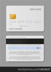 White credit card. Realistic plastic cards with chip front and back view mockup. Security bank payment vector banking finance concept. White credit card. Realistic plastic cards with chip front and back view mockup. Security bank payment vector finance concept