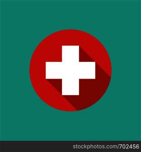 White cross icon with shadow in red circle. Medical icon. Flat design. Eps10. White cross icon with shadow in red circle. Medical icon. Flat design