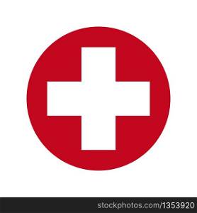 White cross in a red circle. First aid icon. Vector illustration