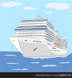 White cruise ship in the ocean background of sky and clouds.. Vector. Cruise ship.
